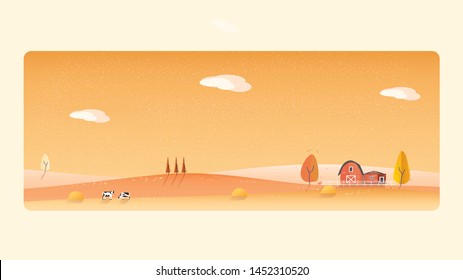 Minimal Panorama Vector illustration of Countryside landscape in autumn,banner of farm house.The yellow foliage mountain,hill with falling leaves,barn and cow.Concept of organic cattle farm in autumn.