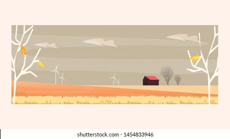 Minimal Panorama Vector illustration of Countryside landscape in autumn,banner of farm house or barn with leafless tree,hay grass and wind turbine in dark sky.Concept of countryside farm in autumn. 