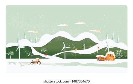 Minimal Panorama Vector illustration of Countryside landscape in winter,banner of farm house.The green mountains or hill with snow,barn,windmill and antilope deer and snow truck.Minimal winter