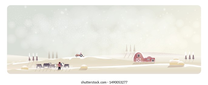 Minimal Panorama Vector illustration of Countryside landscape in winter. Banner of cattle farm. The fog and snow over hill and farm house or barn and truck. Little Boy feeding the cows. Minimal winter