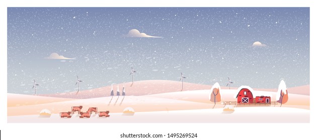 Minimal Panorama Vector illustration of Countryside landscape in winter. Banner of cattle farm. The fog and snow over hill and farm house or barn and truck. Little Boy feeding the cows. Minimal winter