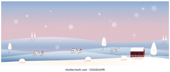 Minimal Panorama Vector illustration of Countryside landscape in winter,banner of cattle farm .The blue coral mountains or hill with snow fall,barn and cow.Concept of minimal in the winter.Vector