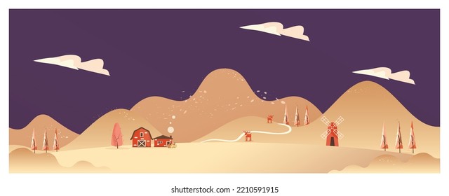 Minimal Panorama Vector illustration of Countryside landscape in autumn,banner of farm house.The yellow foliage mountains or hill with falling leaves,barn and pumpkin,windmill and antilope deer