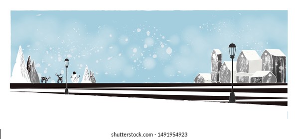 Minimal Panorama Vector illustration of Urban city landscape in winter. Banner of village snowman and pine tree with snow fir ground and fog. Minimal winter concept.Blue and black color tone.