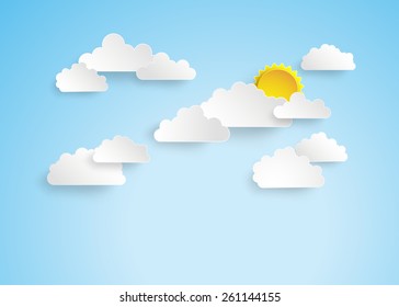 Minimal paper cut style sky with soft clouds and sun shining above.
