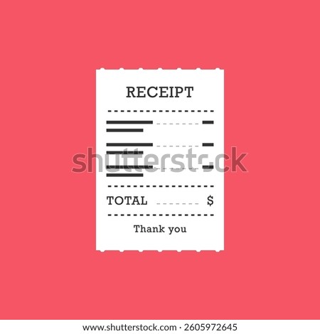 Minimal Paper Receipt with Simple Layout and Dollar Symbol on Red Background in Flat Vector Style