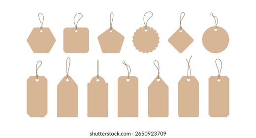 Minimal paper tag set with hanging loops. Craft silhouette design for pricing, sale event, label template, crafting project, handmade organic product labeling, holiday design, gift packaging