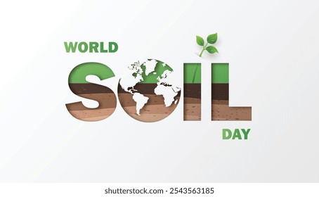 Minimal paper-cut text for World Soil Day with earth and green sprouts inside the typography. Ideal for educational and environmental campaigns.