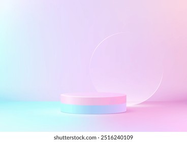 Minimal Pastel 3D Podium in Blue and Pink with Glass Backdrop, A Delicate and Ethereal Platform for Product Display, Creative Concepts, and Modern Artistic Mockup Design