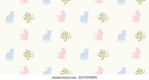 Minimal Pastel Cat Seamless Pattern with Green Leaves on Beige Background for Modern Fabric, Wrapping Paper, Digital Scrapbook Design, Print, Textile, Wallpaper, Decor. 