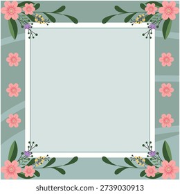 Minimal pastel frame decorated with delicate flowers and leafy accents in each corner creating a clean elegant spring composition suitable for invitations branding cards and seasonal visual layouts