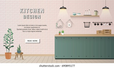 Minimal pastel green Kitchen Interior design on pink brick wall banner with text and read more button  for website or cover