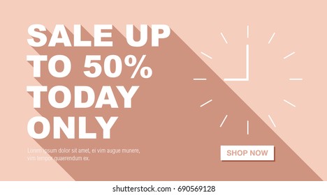 Minimal pastel orange flash sale long shadow effect with clock icon for website banner or cover