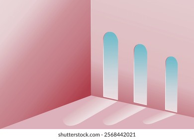 Minimal pastel pink scene product background, 3d pink room corner three windows with view of sky and has shadow of sunlight, vector illustration design for presentation your product, cosmetic