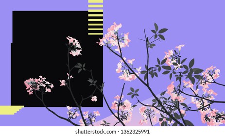 Minimal pastel "Pink trumpet tree flowers" and minimal abstract elements background template