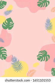 Minimal pastel pink and yellow tropical summer background with monstera and palm leaves