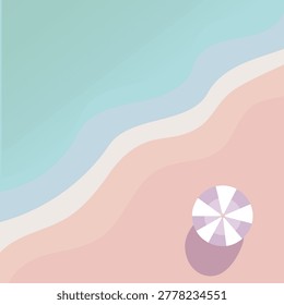 Minimal pastel summer beach background illustration with abstract ocean waves and sandy shore viewed from top angle. Features a cute striped beach umbrella with soft pastel tones, flat vector style, clean organic curves, and trendy aesthetic perfect for social media, wallpaper, poster, banner, or seasonal design projects.