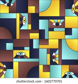 Minimal pattern with eyes in geometric shapes grid mondrian avant garde fashion textile print. Modern background design. Open eyes bauhaus geometric seamless pattern. Interior vector design.