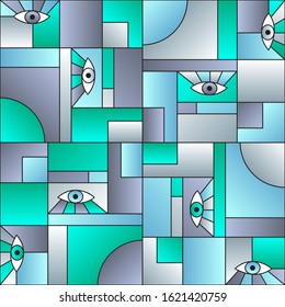 Minimal pattern with eyes in geometric shapes grid 80s and 90s vintage fashion fabric print. Decorative modules illustration. Open eyes bauhaus geometric seamless pattern. Gradient vector design.