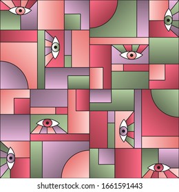 Minimal pattern with eyes in geometric shapes grid mondrian avant garde fashion textile print. Decorative modules illustration. Open eyes bauhaus geometric seamless pattern. Gradient vector design.