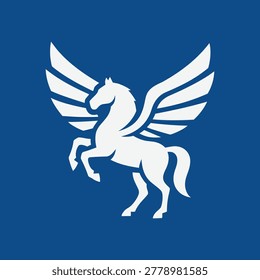 Минимальный талисман Pegasus Логотип Вектор с крылатым символом лошади на синем фоне