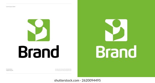 Pessoas mínimas com espaço negativo em design de ícone de logotipo quadrado geométrico, símbolo da comunidade humana feliz dentro isolado no fundo branco e verde para a identidade da marca e negócios