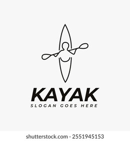 Persona mínima que monta el Vector del logotipo del kayak con el estilo del arte de la línea en el fondo blanco