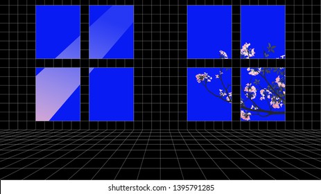 Minimal perspective grid / room tiles and windows frame with tropical flowers (pink trumpet tree) modern vintage / retro background template