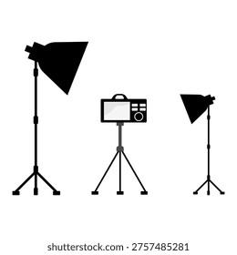 Minimal Photography Studio Setup Silhouette with Camera Tripod and Softbox Lights Vector Illustration