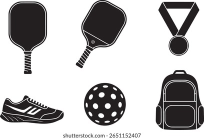 Minimal pickleball icon set showing round ball paddles shoe backpack and medal awards perfect for sports branding player kits and fitness related projects or visuals