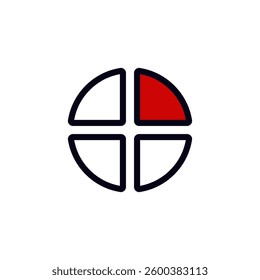 Minimal pie chart icon featuring a distinct red quadrant, perfect for data visualization or infographic design.