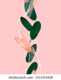 Minimal pink background with green leaves. 3d leaves petals. vector illustration Minimal pink background with green leaves. 3d leaves petals. vector illustration