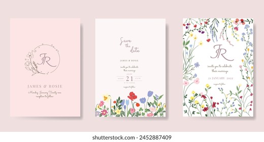 Minimal pink botanical Wedding Invitation, floral invite thank you, rsvp modern card Design in leaf and flower water color texture decorative Vector elegant rustic template