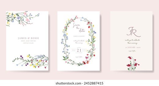 Minimal pink botanical Wedding Invitation, floral invite thank you, rsvp modern card Design in leaf and flower water color texture decorative Vector elegant rustic template