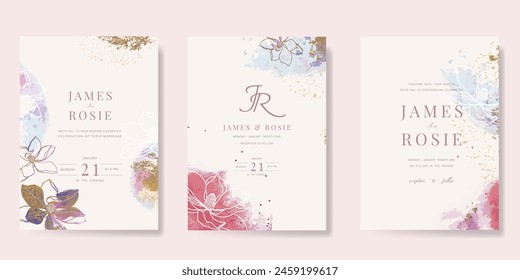 Minimal pink botanical Wedding Invitation, floral invite thank you, rsvp modern card Design in leaf and flower water color texture decorative Vector elegant rustic template