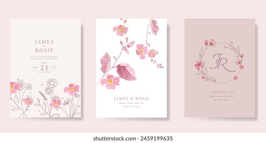 Minimal pink botanical Wedding Invitation, floral invite thank you, rsvp modern card Design in leaf and flower water color texture decorative Vector elegant rustic template