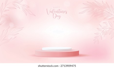 Fundo rosa mínimo do Dia dos Namorados com uma elegante arte de linha de folha e uma exposição de pódio redonda, tons pastel macio, estilo romântico e feminino para a apresentação do produto.