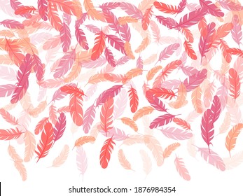 Minimal pink flamingo feathers vector background. Fluffy twirled feathers on white design. Wildlife nature isolated plumage. Lightweigt plumelet windy floating pattern.