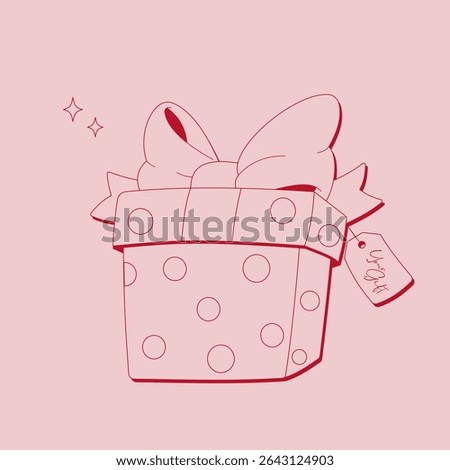 Minimal pink gift box with big bow and polka dots on pastel background. Flat line art style. Perfect for greeting cards, packaging, shopping, birthday or Valentine's Day.