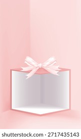 Minimal rosa Geschenkbox-Display mit Band auf weichem Pastellhintergrund.Vektor 3D-Mockup für Valentinstag, Muttertag, Ostern Banner, Baby-Dusche, Kosmetische Produktwerbung