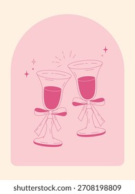 Ilustração rosa mínima de dois copos de vinho com arcos, desenhado em linha simples de arte. Design decorativo bonito para celebrações, convites, temas românticos e gráficos festivos.