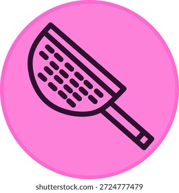 Icono de colador de cocina rosa mínimo en una insignia redonda, ilustración moderna de línea plana para cocinar, preparación de alimentos, App de cocina, menús o diseño de interfaz de usuario