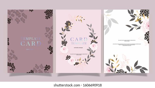 Minimal pink leopard Wedding Invitation, floral invite thank you, rsvp modern card Design in golden leaf pink flower and leopard decorative Vector elegant rustic template