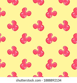Minimal pink mouse head , seamless pattern on a yellow background.