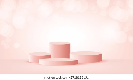 Fondo de podio rosa mínimo con luz bokeh suave, elegante plataforma de visualización 3D para la presentación de productos, escaparate cosmético, marca de lujo y diseño de maqueta.