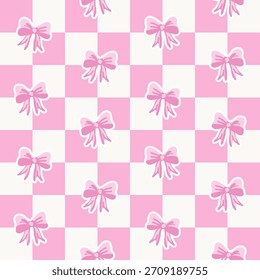 Minimal pink ribbon pattern with hand-drawn bows arranged on a soft pastel checkered background. Ideal for fabric, kids’ decor, stationery, and packaging.