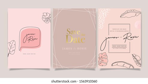 Minimal pink tropical Wedding Invitation, floral invite thank you, rsvp modern card Design in Blue Geometric shape with golden line decorative Vector elegant rustic template