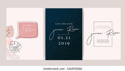 Minimal pink tropical Wedding Invitation, floral invite thank you, rsvp modern card Design in Blue Geometric shape with golden line decorative Vector elegant rustic template