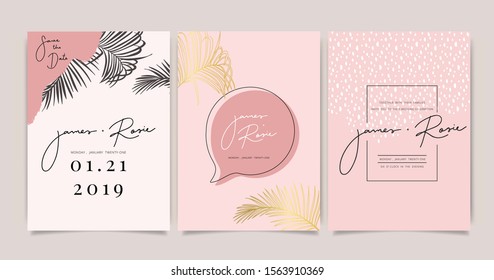 Minimal pink tropical Wedding Invitation, floral invite thank you, rsvp modern card Design in Blue Geometric shape with golden line decorative Vector elegant rustic template