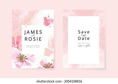 Minimal pink tropical Wedding Invitation, floral invite thank you, rsvp modern card Design in  watercolor flower and leaf with golden line decorative Vector elegant rustic template